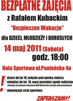 Na zdjęciu znajduje się plakat z informacją o bezpłatnych zajęciach judo z Rafałem Kubackim